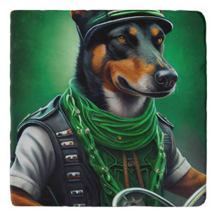 Australian Kelpie driving bike St. Patrick's Day Trivet