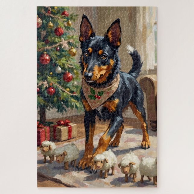 Australian Kelpie Herding Christmas Art Jigsaw Puzzle (Vertical)