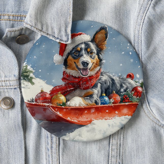 Australian Kelpie in Sledge Let it Snow Christmas Button (In Situ)