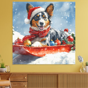 Australian Kelpie in Sledge Let it Snow Christmas Canvas Print