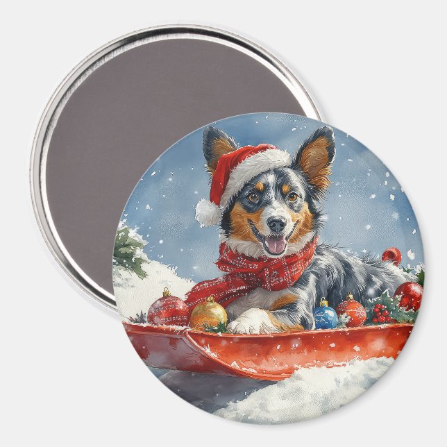 Australian Kelpie in Sledge Let it Snow Christmas Magnet (Front/Back)