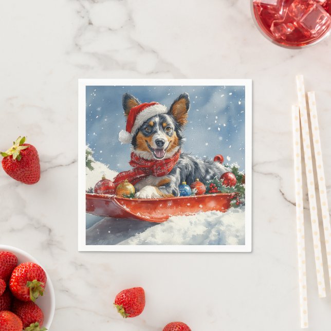 Australian Kelpie in Sledge Let it Snow Christmas Napkins (Insitu)