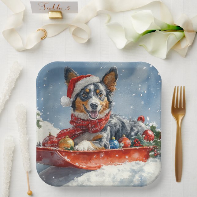 Australian Kelpie in Sledge Let it Snow Christmas Paper Plates (Wedding)