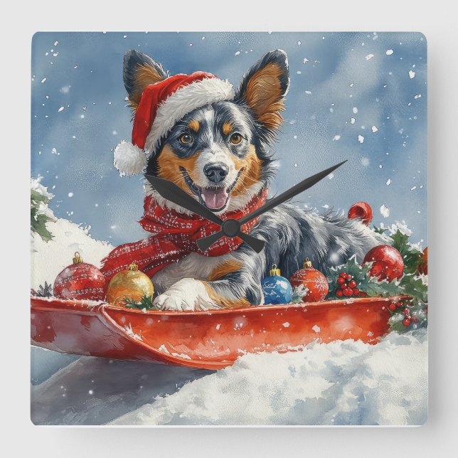 Australian Kelpie in Sledge Let it Snow Christmas Square Wall Clock (Front)