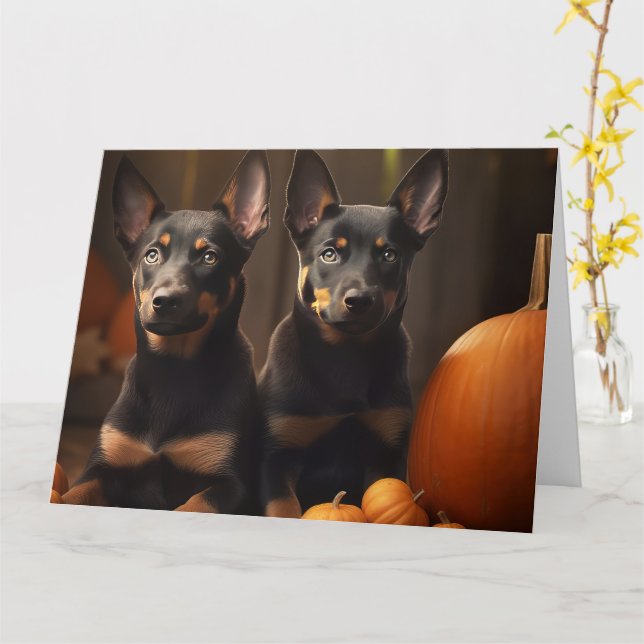 Australian Kelpie Puppy Autumn Delight Pumpkin Card (Yellow Flower)