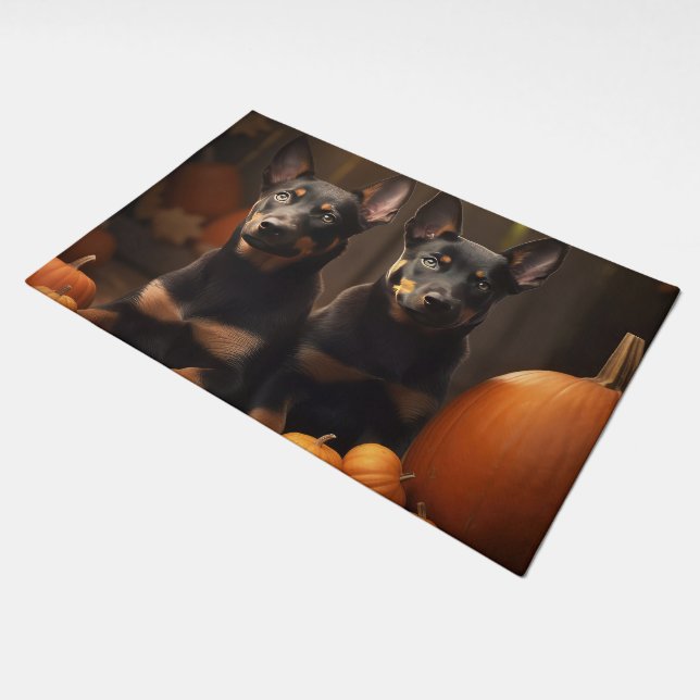 Australian Kelpie Puppy Autumn Delight Pumpkin Doormat (Angled)