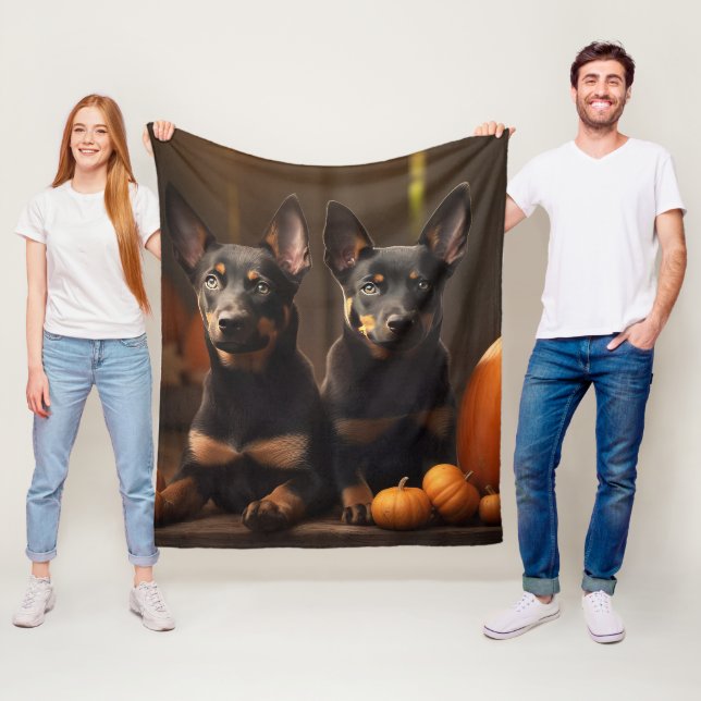 Australian Kelpie Puppy Autumn Delight Pumpkin Fleece Blanket (In Situ)