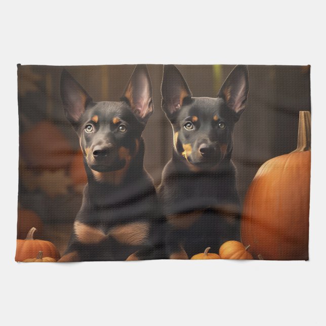 Australian Kelpie Puppy Autumn Delight Pumpkin Kitchen Towel (Horizontal)