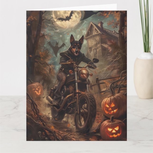 Australian Kelpie Riding Motorcycle Halloween  Card (Front)