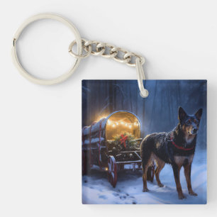 Australian Kelpie Snowy Sleigh Christmas Decor Keychain
