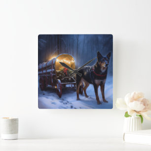 Australian Kelpie Snowy Sleigh Christmas Decor Square Wall Clock