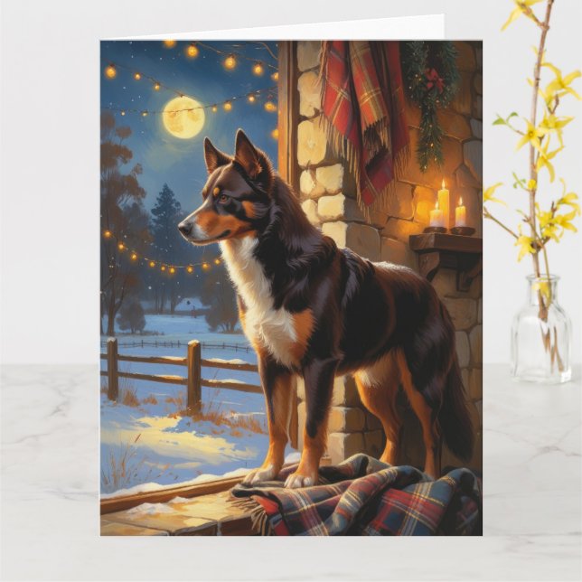 Australian Kelpie With Christmas Lights Holiday Card (Yellow Flower)