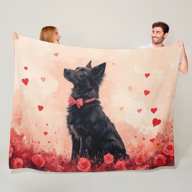 Australian Kelpie with Roses - Valentine's Day Fleece Blanket (In Situ)