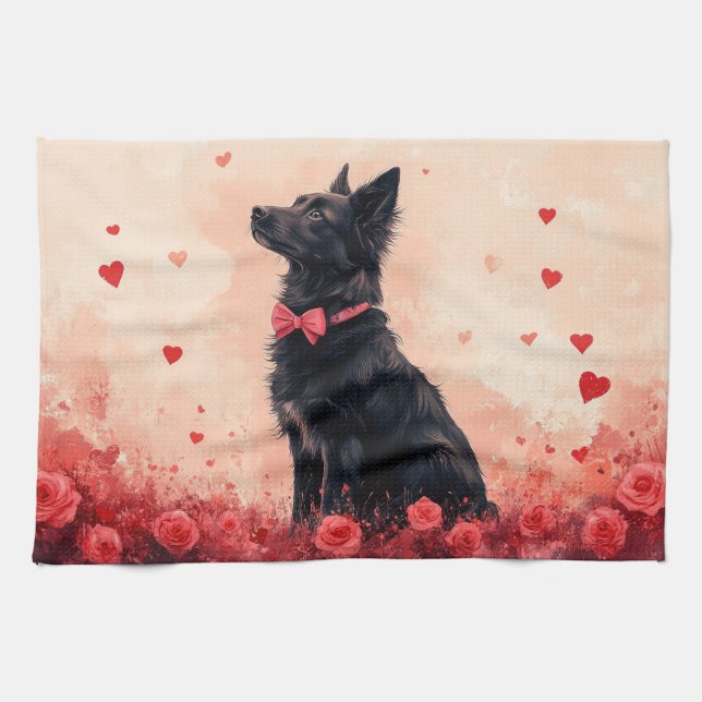 Australian Kelpie with Roses - Valentine's Day Kitchen Towel (Horizontal)
