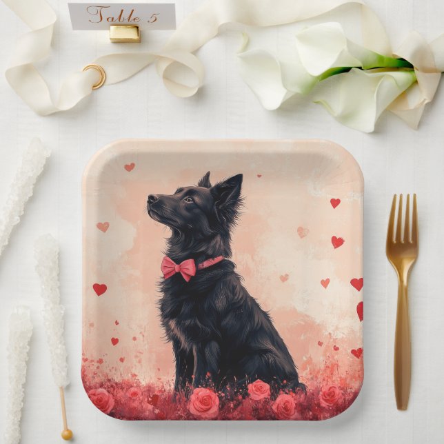 Australian Kelpie with Roses - Valentine's Day Paper Plates (Wedding)