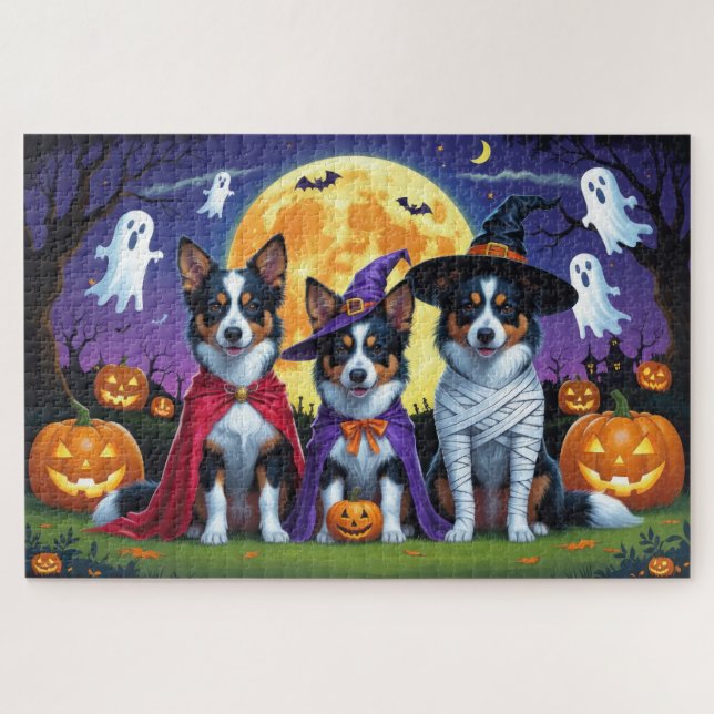 Australian Kelpies Dogs Pumpkin Halloween Funny Jigsaw Puzzle (Horizontal)