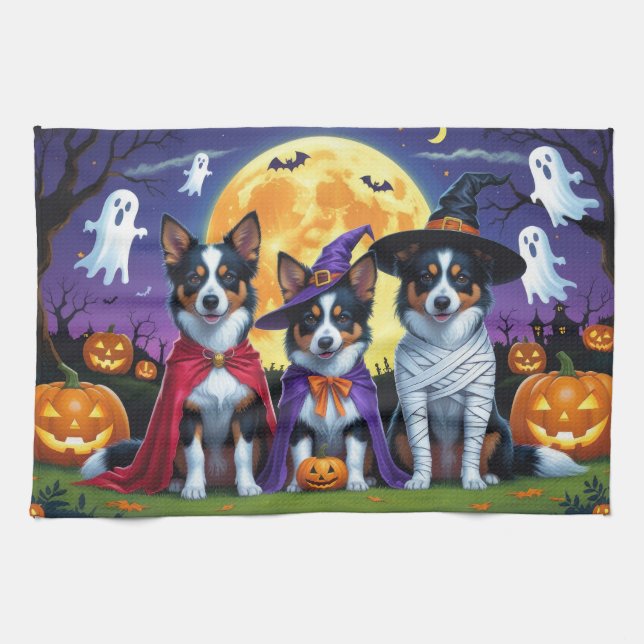 Australian Kelpies Dogs Pumpkin Halloween Funny Kitchen Towel (Horizontal)
