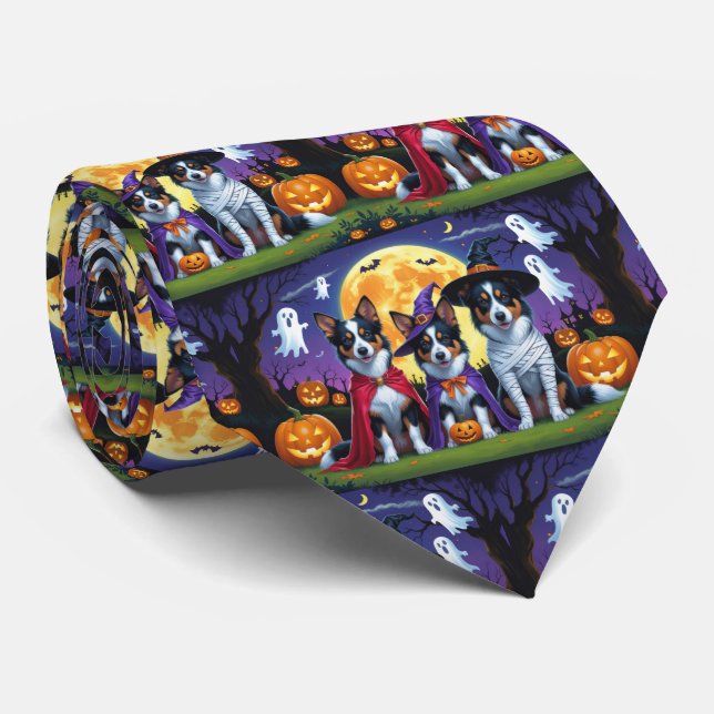 Australian Kelpies Dogs Pumpkin Halloween Funny Neck Tie (Rolled)