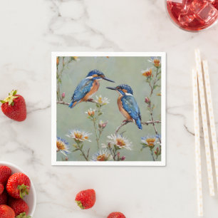 Australian Kingfisher Birds And Flowers Oil Paint, Napkins