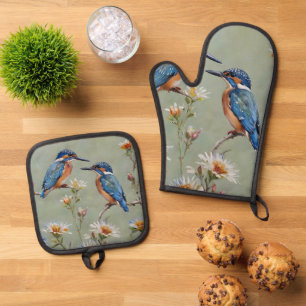 Australian Kingfisher Birds And Flowers Oil Paint, Oven Mitt & Pot Holder Set