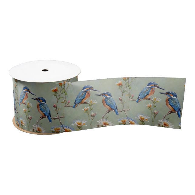 Australian Kingfisher Birds And Flowers Oil Paint, Satin Ribbon (Spool)