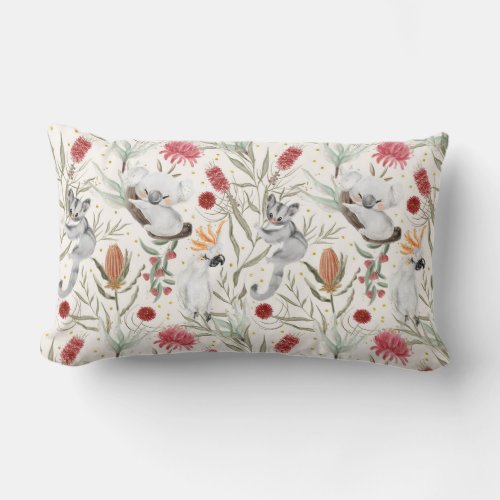 Australian Koala Cockatoos Proteas Nature Pattern  Lumbar Pillow