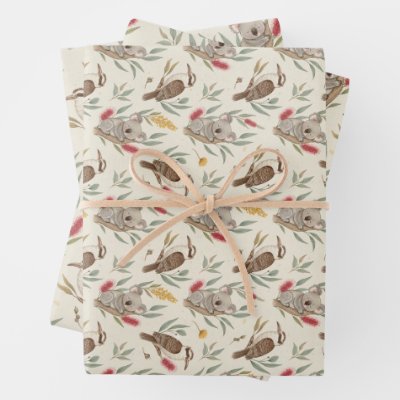 Australian Koalas, Kookaburras and Native Flora Wrapping Paper Sheets