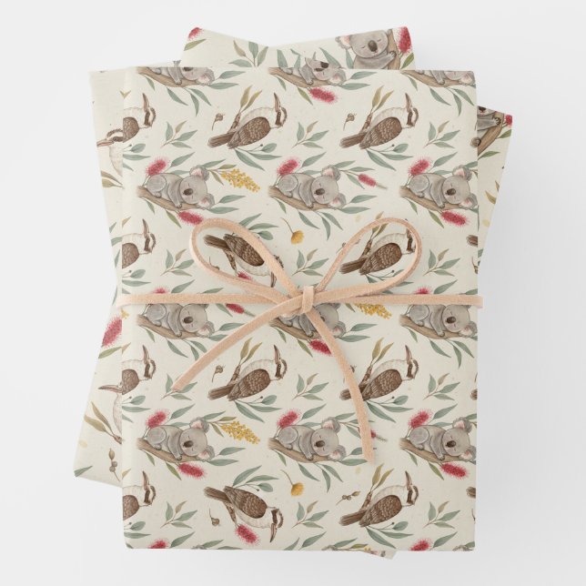 Australian Koalas, Kookaburras and Native Flora Wrapping Paper Sheets (In situ)