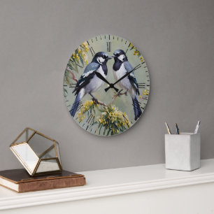 Australian Magpies In Wattle Trees Oil Paint, Large Clock