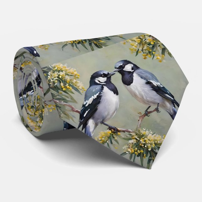 Australian Magpies In Wattle Trees Oil Paint,  Neck Tie (Rolled)