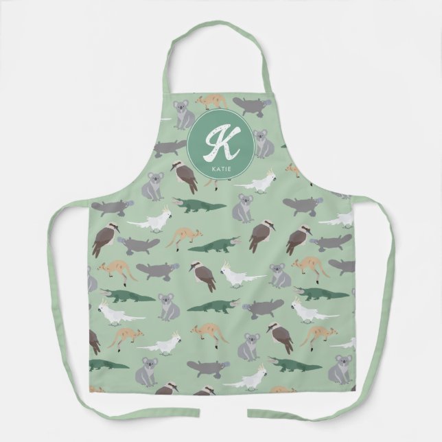 Australian Native Animals Eucalyptus Green Initial Apron (Front)