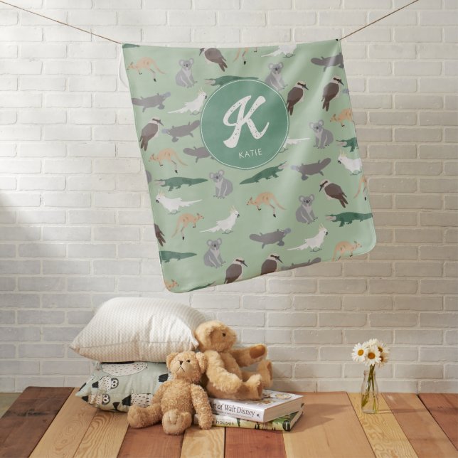 Australian Native Animals Eucalyptus Green Initial Baby Blanket (In Situ)