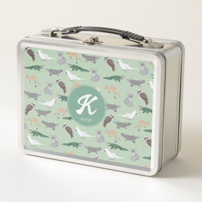 Australian Native Animals Eucalyptus Green Initial Metal Lunch Box (Front)