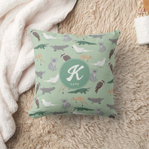 Australian Native Animals Eucalyptus Green Initial Throw Pillow