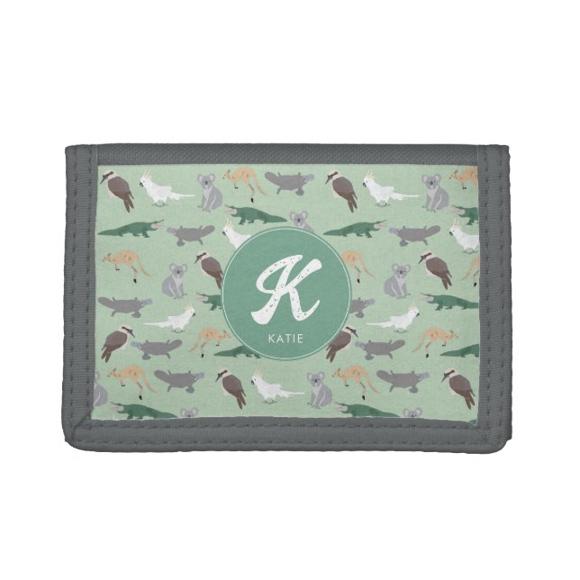 Australian Native Animals Eucalyptus Green Initial Trifold Wallet (Front)