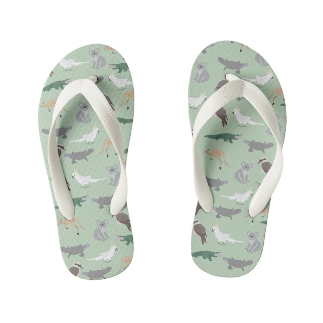 Australian Native Animals Eucalyptus Green Pattern Kid's Flip Flops (Footbed)