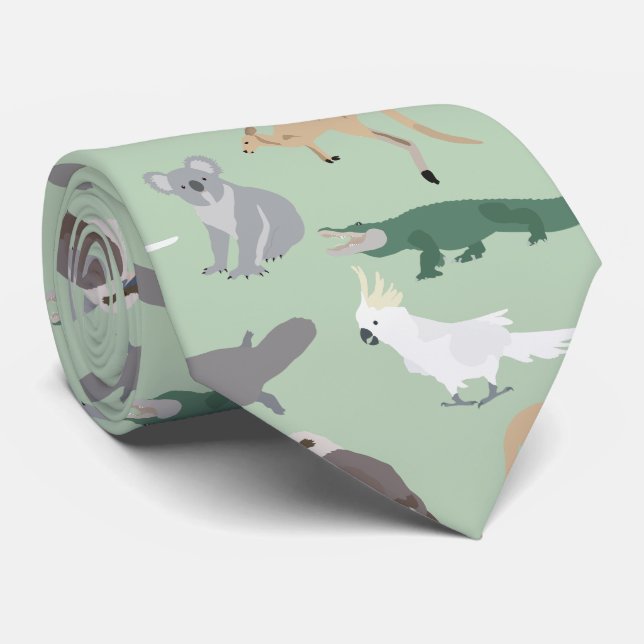 Australian Native Animals Eucalyptus Green Pattern Neck Tie (Rolled)