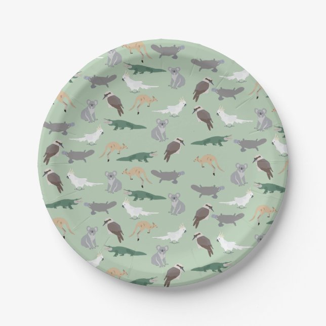 Australian Native Animals Eucalyptus Green Pattern Paper Plates (Front)
