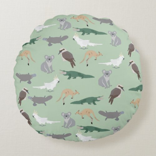 Australian Native Animals Eucalyptus Green Pattern Round Pillow