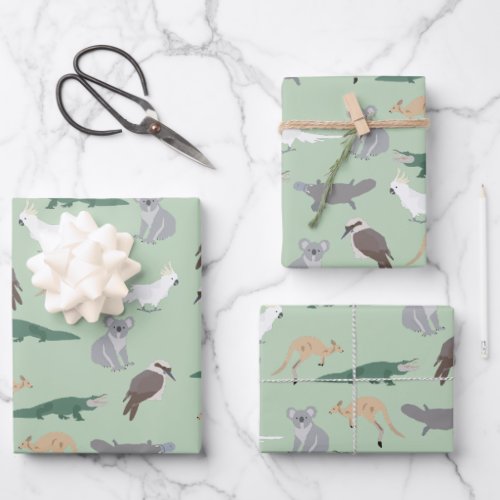 Australian Native Animals Eucalyptus Green Pattern Wrapping Paper Sheets