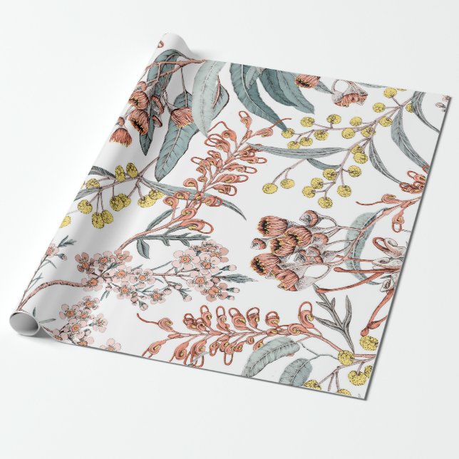 Australian native flowers. Seamless pattern black  Wrapping Paper (Unrolled)