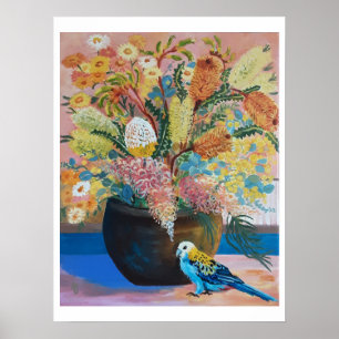 Australian Pale-headed Rosella & wildflowers Poster