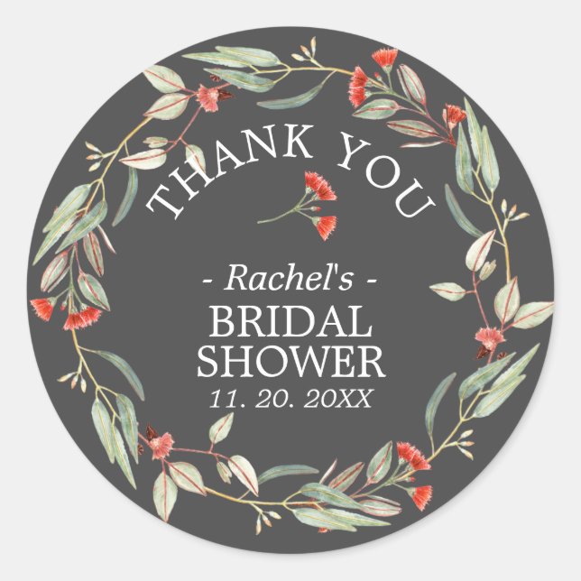 Australian Red Floral Thank You Bridal Shower Gray Classic Round Sticker (Front)