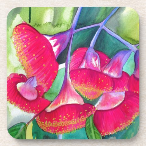 Australian red flowering gumnuts watercolor art beverage coaster