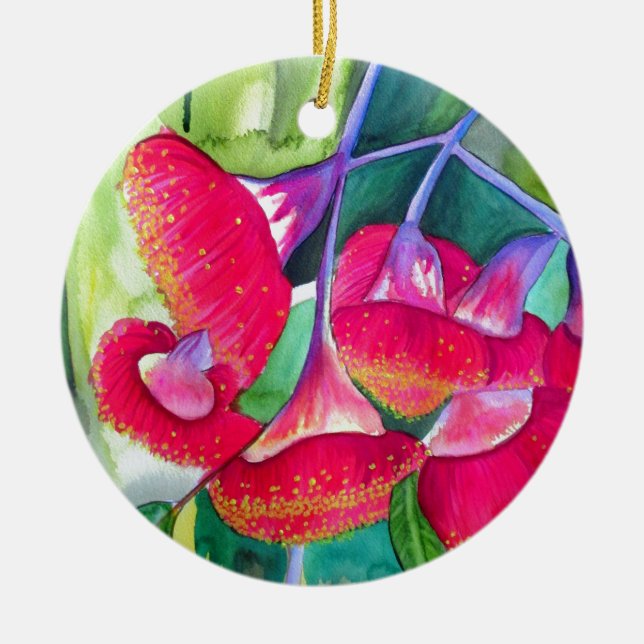 Australian red flowering gumnuts watercolor art ceramic ornament (Front)