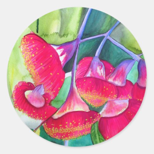 Australian red flowering gumnuts watercolor art classic round sticker
