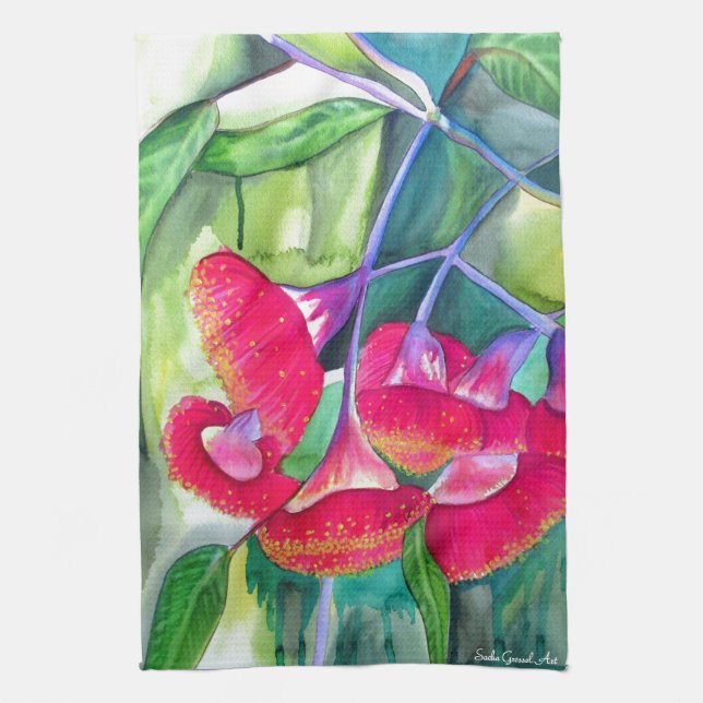Australian red flowering gumnuts watercolor art kitchen towel (Vertical)