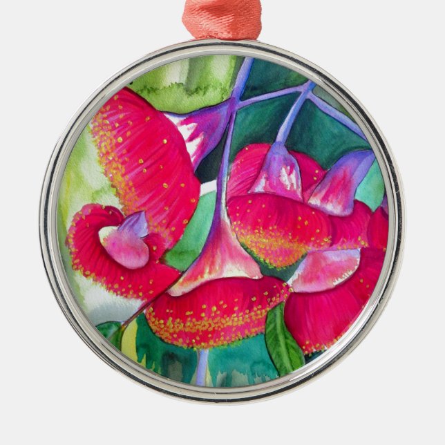 Australian red flowering gumnuts watercolor art metal ornament (Front)
