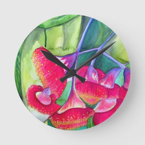Australian red flowering gumnuts watercolor art round clock