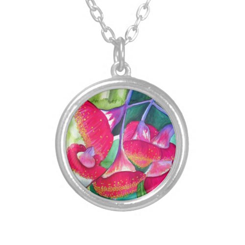 Australian red flowering gumnuts watercolor art silver plated necklace